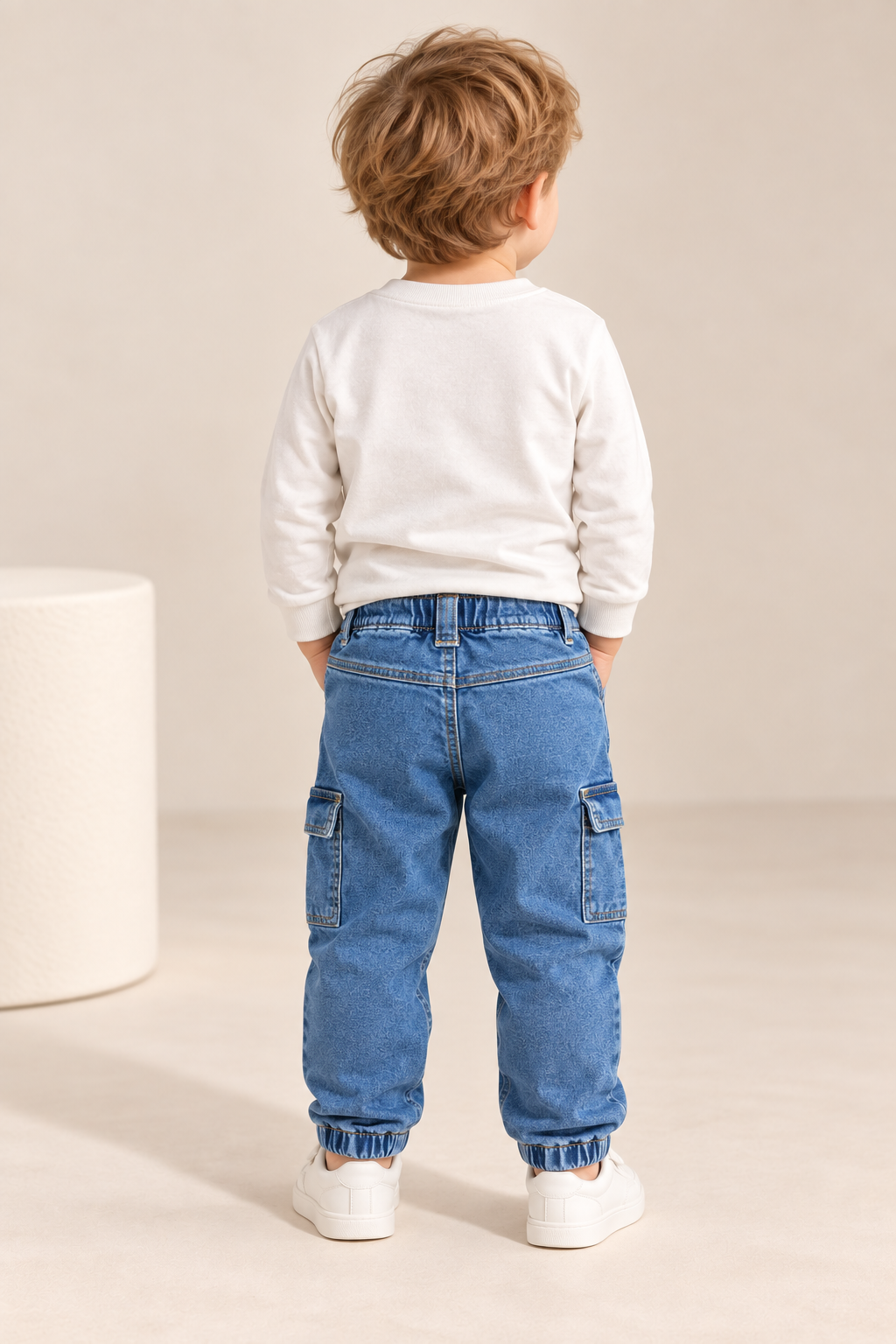 Boys Solid Denim Cargo Jogger Jeans with Drawstring Waist-WIN1V