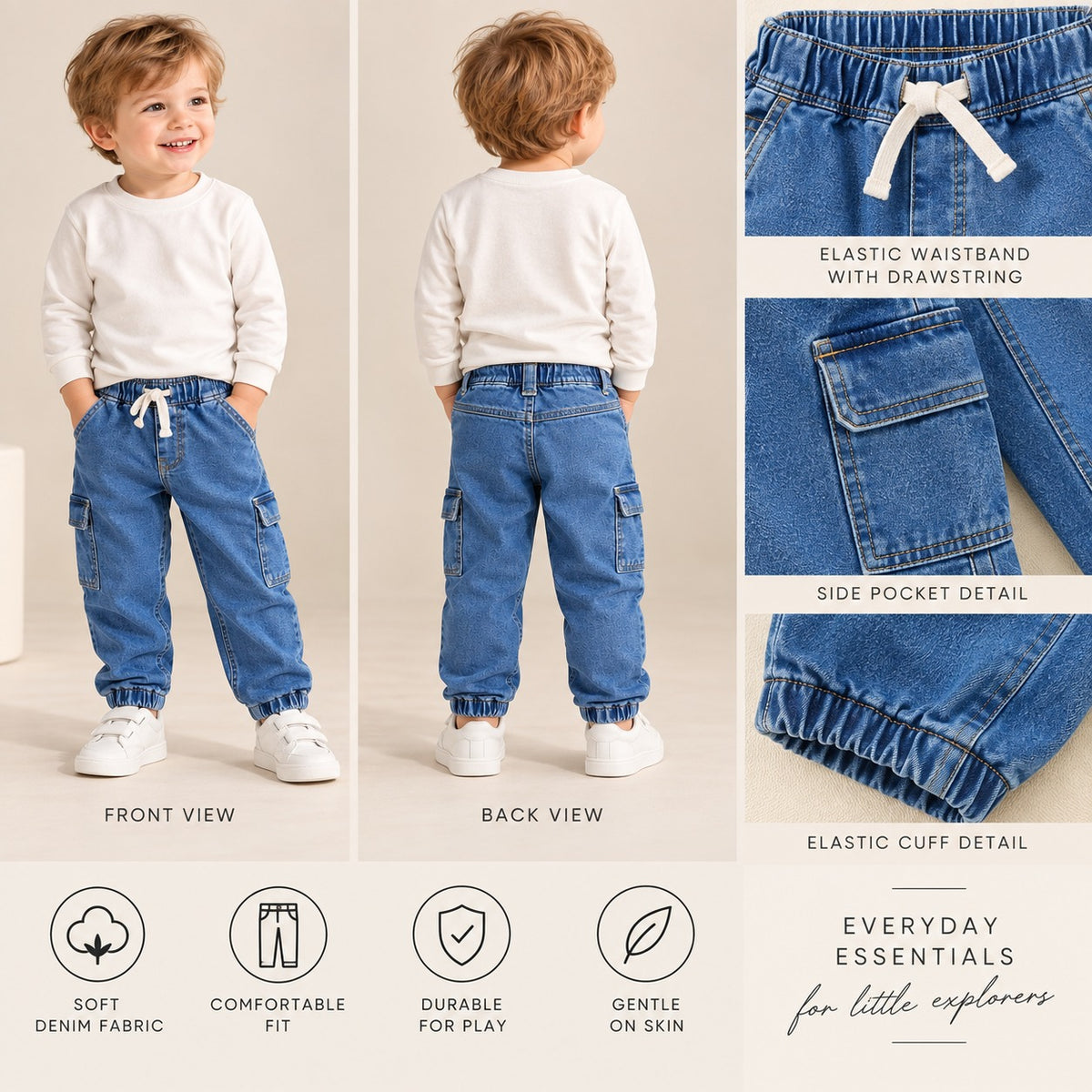 Boys Solid Denim Cargo Jogger Jeans with Drawstring Waist-WIN1V