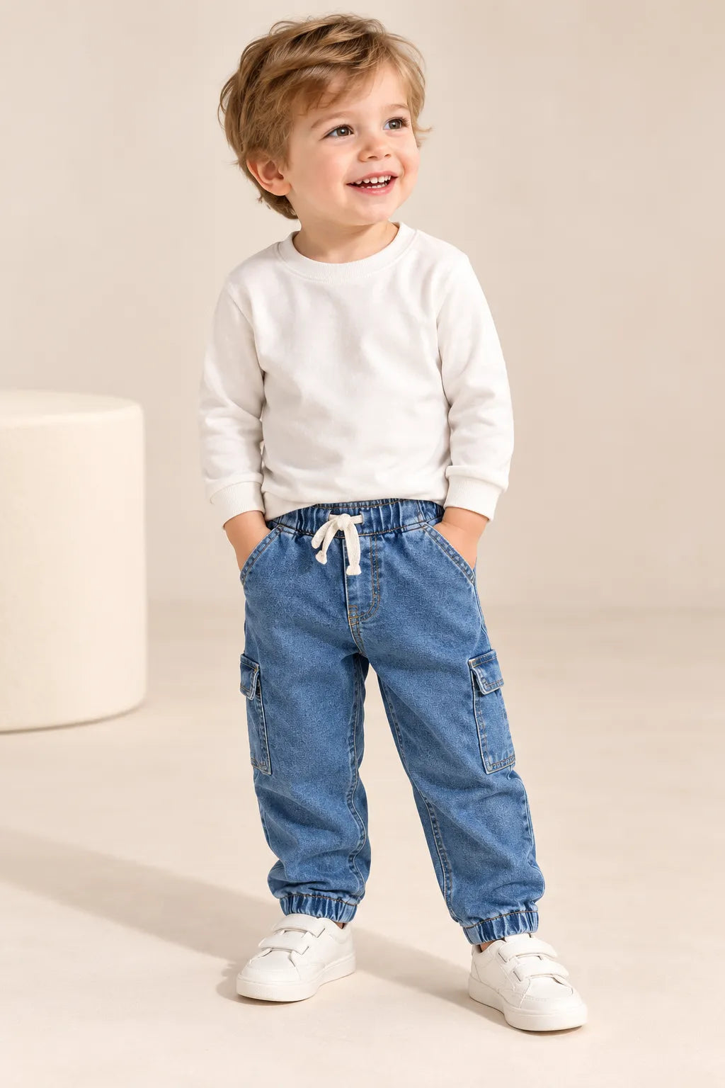 Boys Solid Denim Cargo Jogger Jeans with Drawstring Waist-WIN1V