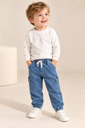 Boys Solid Denim Cargo Jogger Jeans with Drawstring Waist-WIN1V