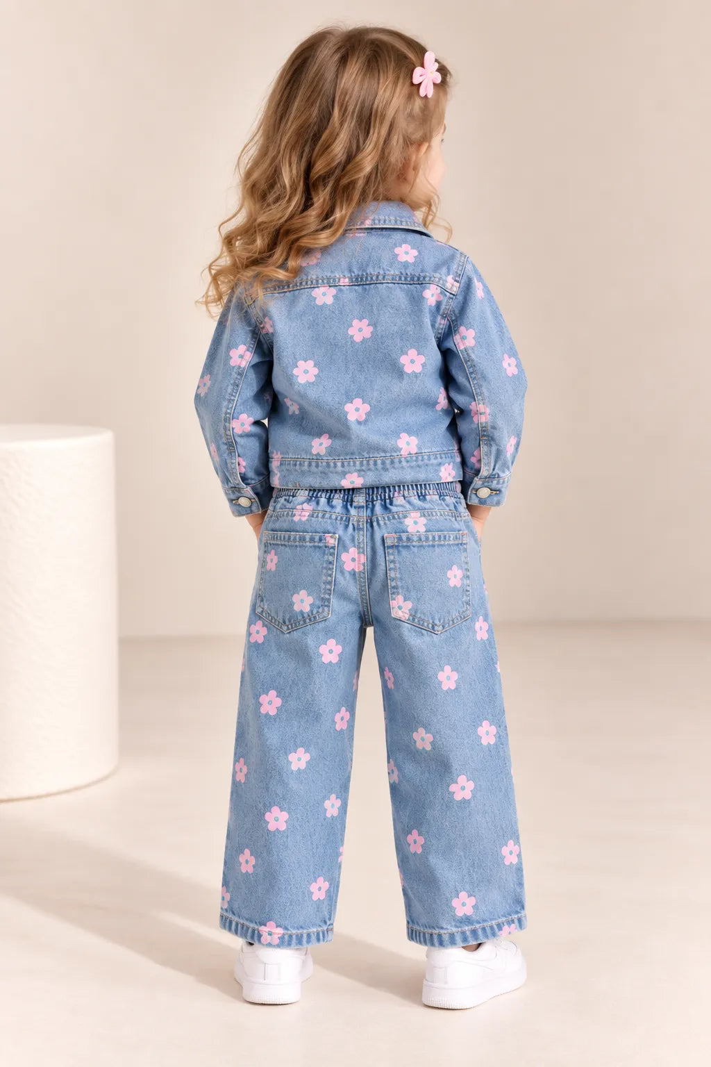 Girls Blue Floral Print Denim Jacket & Wide Leg Jeans Set-WIN10AI