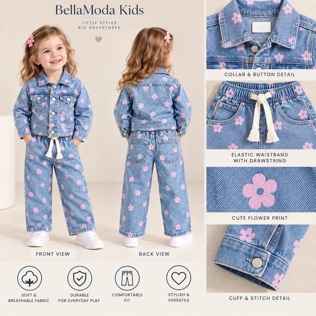 Girls Blue Floral Print Denim Jacket & Wide Leg Jeans Set-WIN10AI
