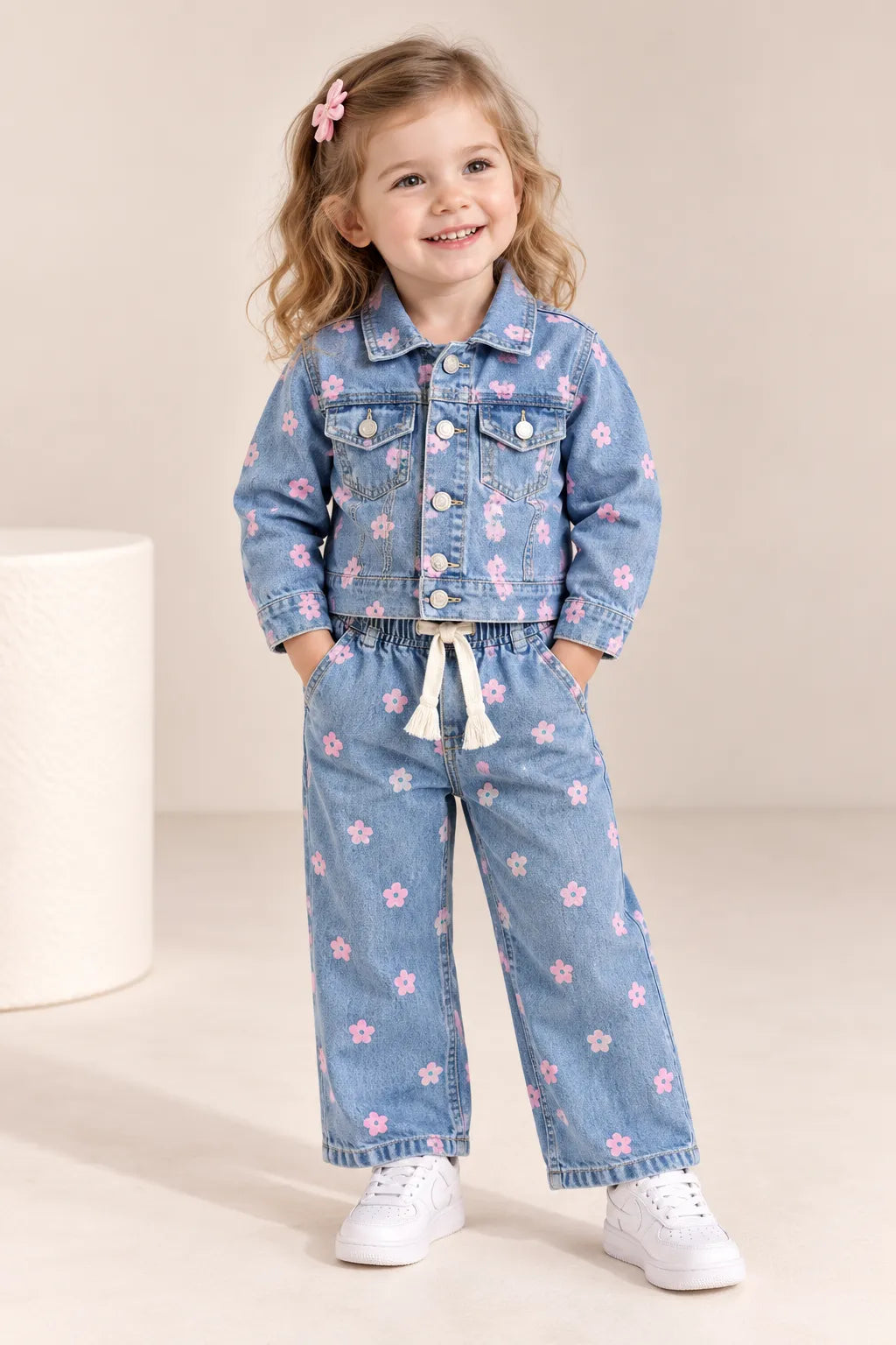 Girls Blue Floral Print Denim Jacket & Wide Leg Jeans Set-WIN10AI