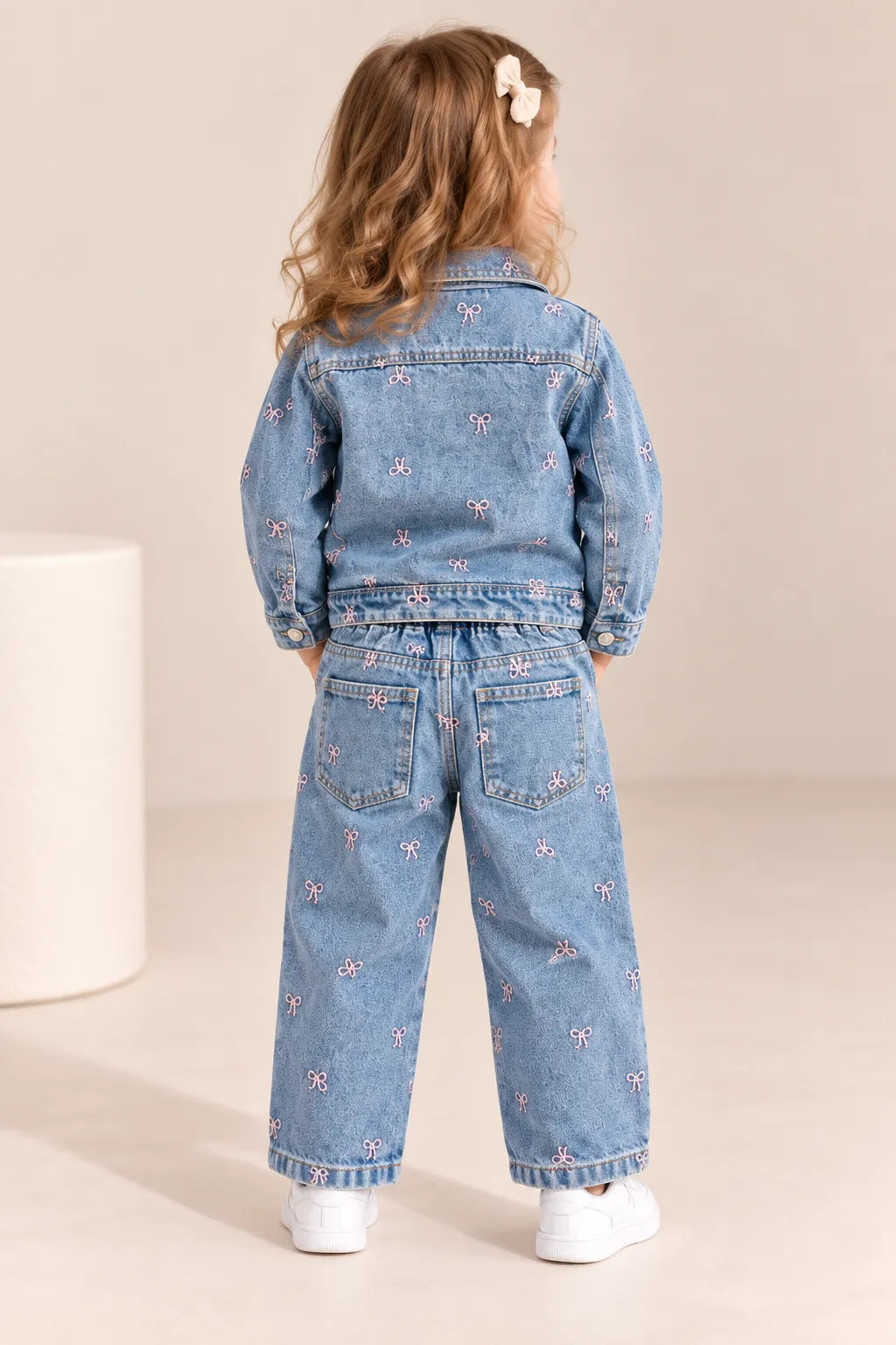 Girls Bow Print Denim Jacket & Wide-Leg Jeans Co-ord Set-WIN11AI