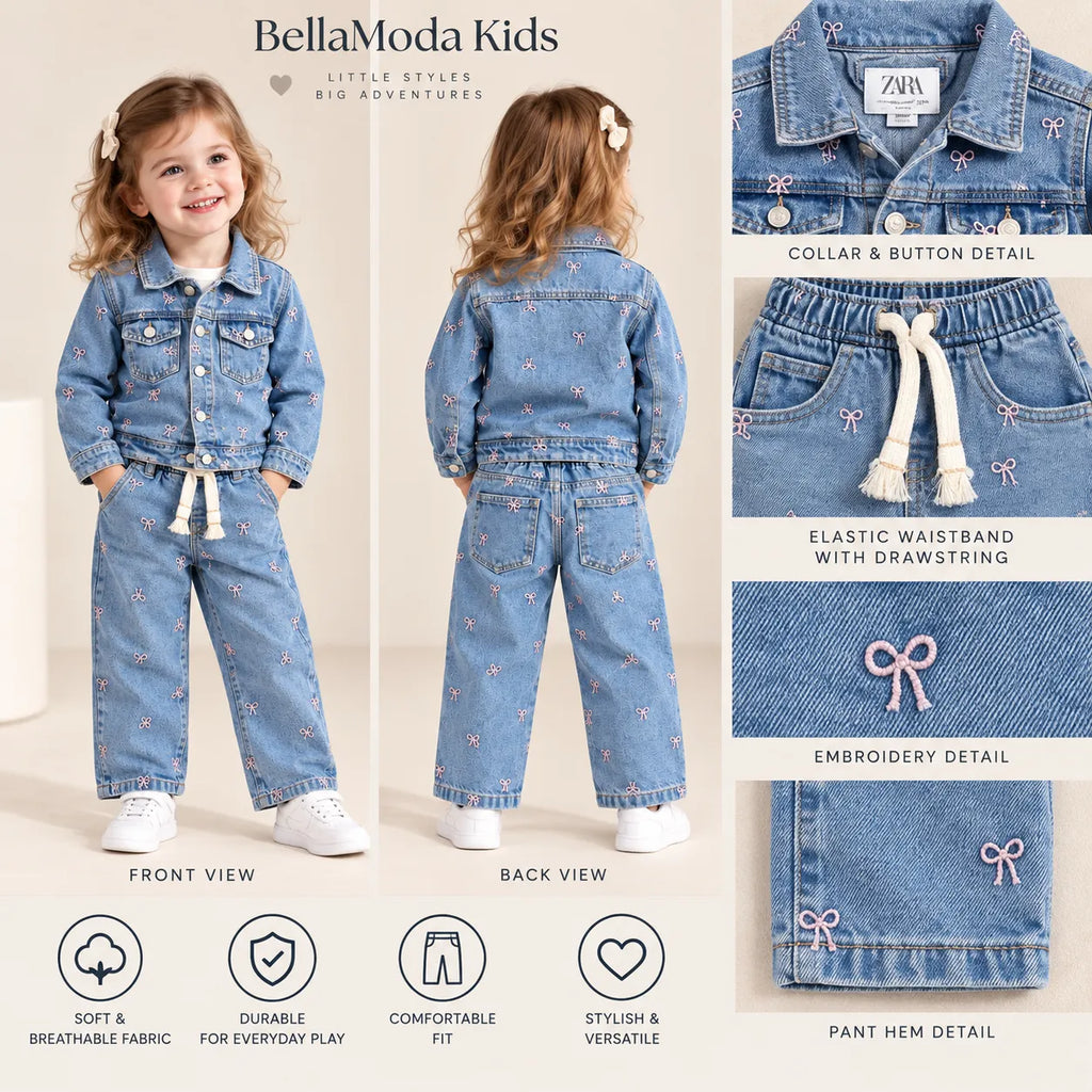 Girls Bow Print Denim Jacket & Wide-Leg Jeans Co-ord Set-WIN11AI