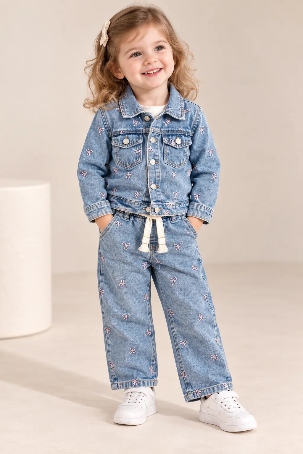 Girls Bow Print Denim Jacket & Wide-Leg Jeans Co-ord Set-WIN11AI