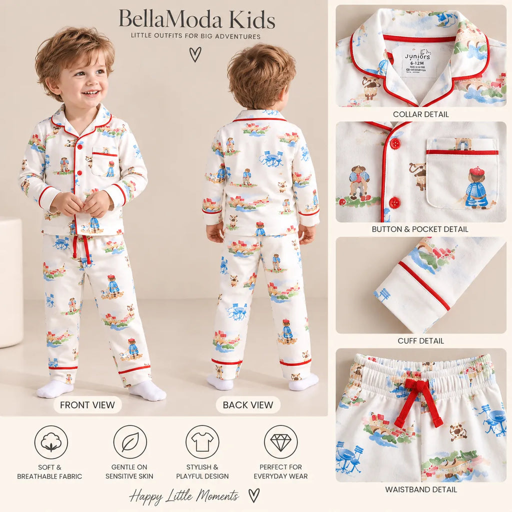 Boys Printed Cotton Night Suit with Full-Sleeve Collared Shirt & Pyjama Set-WIN12N