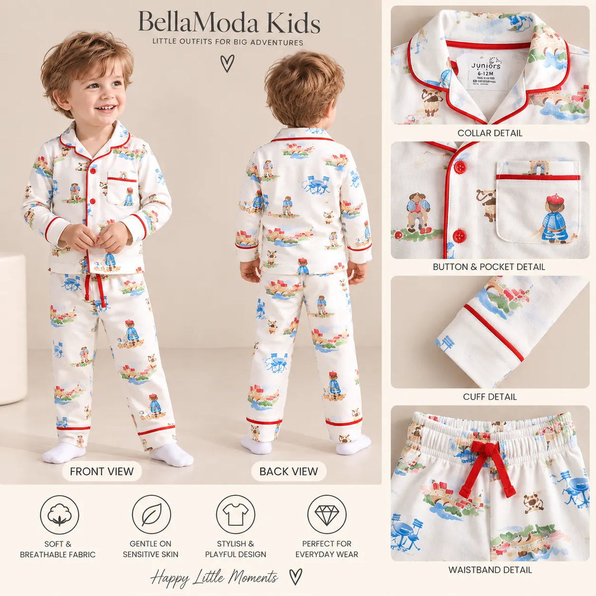Boys Printed Cotton Night Suit with Full-Sleeve Collared Shirt & Pyjama Set-WIN12N