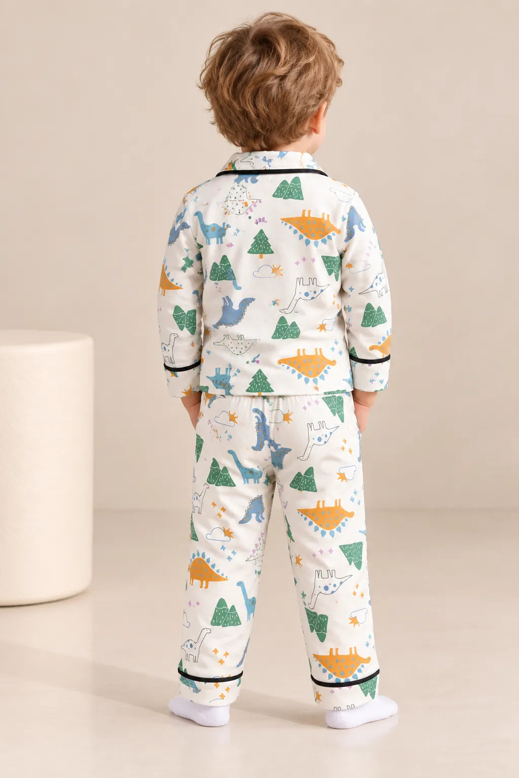 Boys Dinosaur Printed Cotton Night Suit with Collared Shirt & Pyjama Set-WIN13N