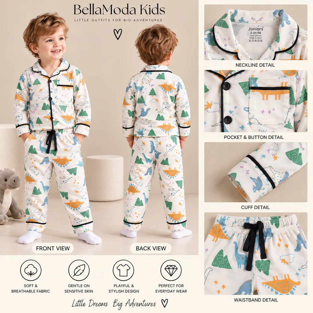Boys Dinosaur Printed Cotton Night Suit with Collared Shirt & Pyjama Set-WIN13N