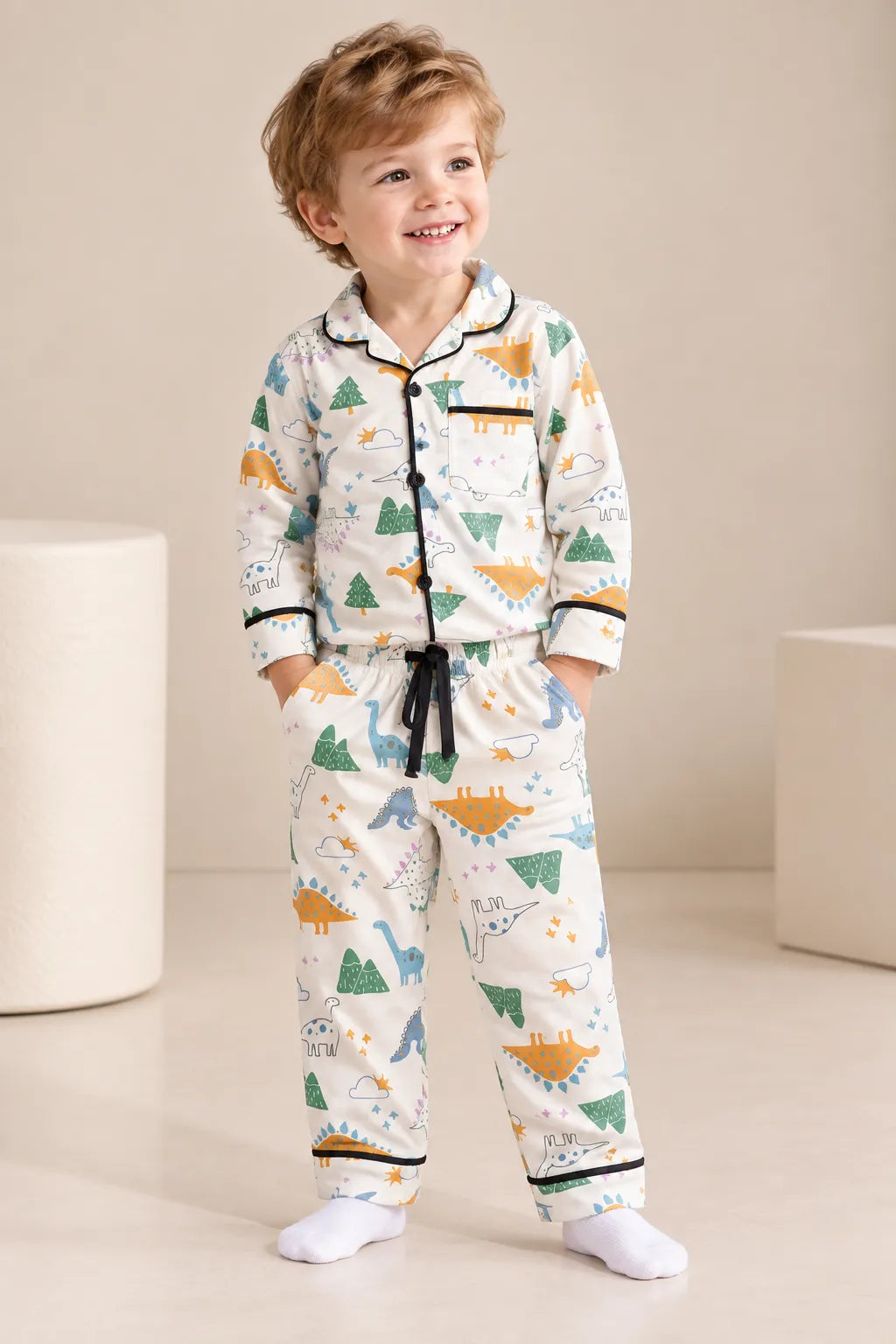 Boys Dinosaur Printed Cotton Night Suit with Collared Shirt & Pyjama Set-WIN13N