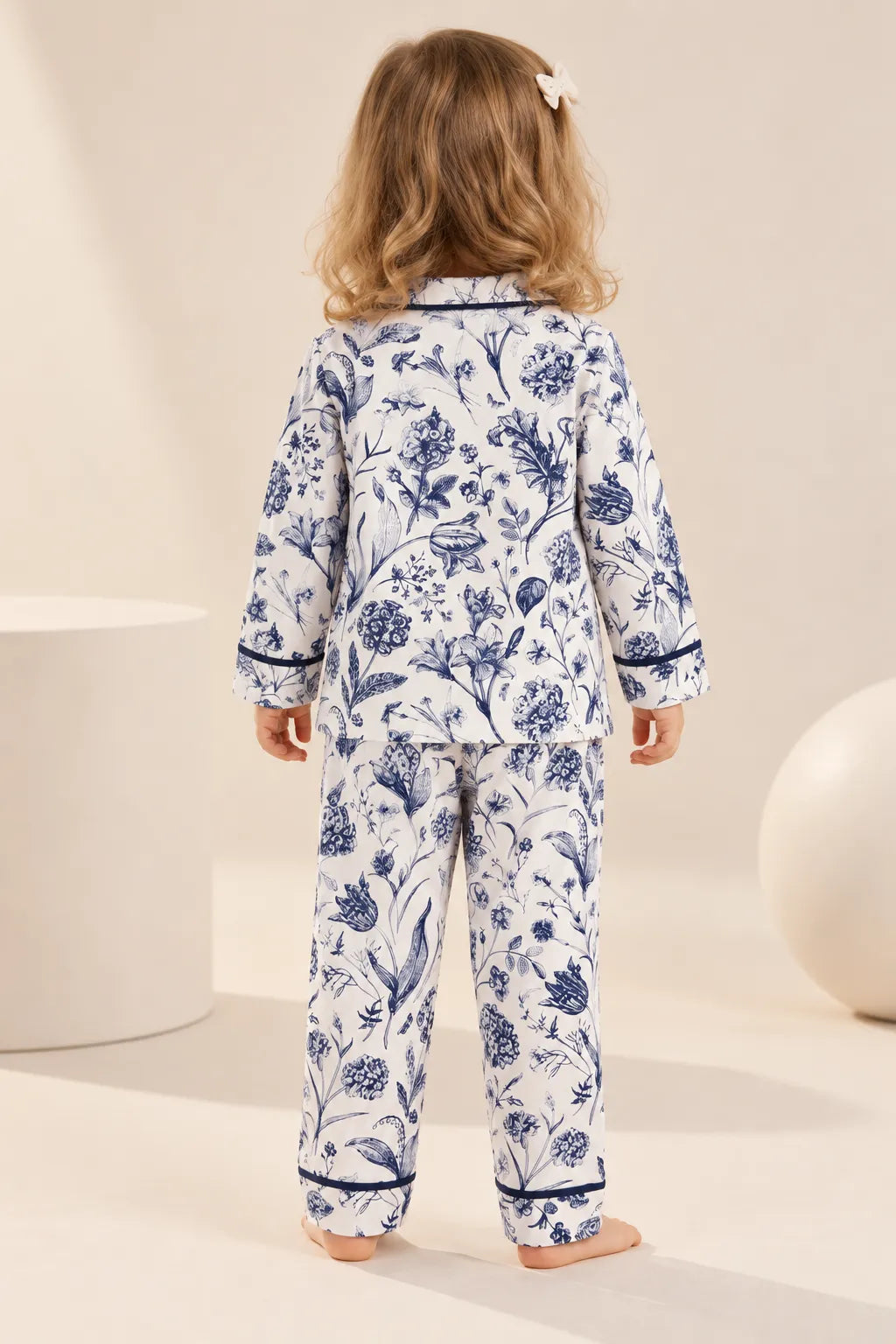 Girls White & Blue Floral Printed Full-Sleeve Collared Night Suit with Button-Front Shirt & Pyjama-WIN14N