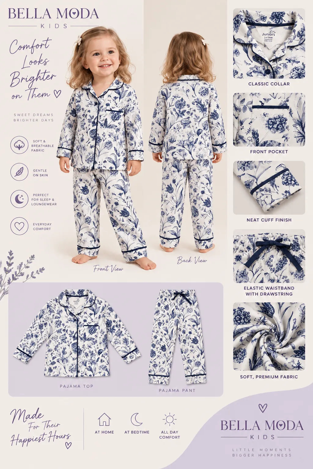 Girls White & Blue Floral Printed Full-Sleeve Collared Night Suit with Button-Front Shirt & Pyjama-WIN14N