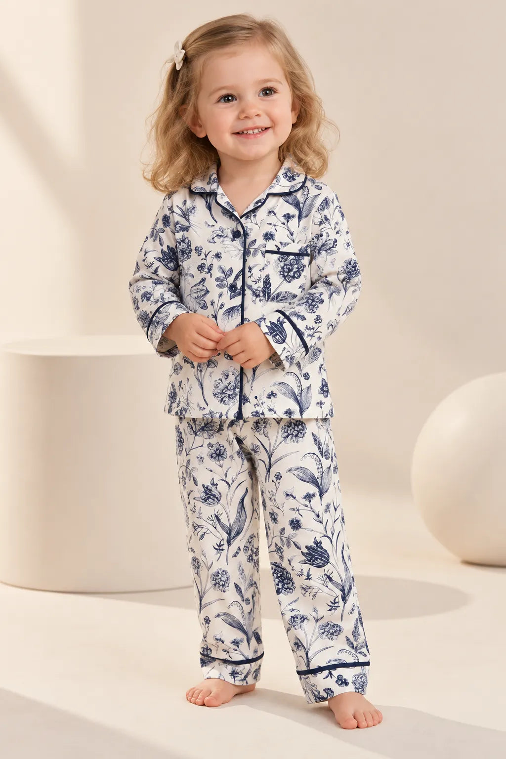 Girls White & Blue Floral Printed Full-Sleeve Collared Night Suit with Button-Front Shirt & Pyjama-WIN14N