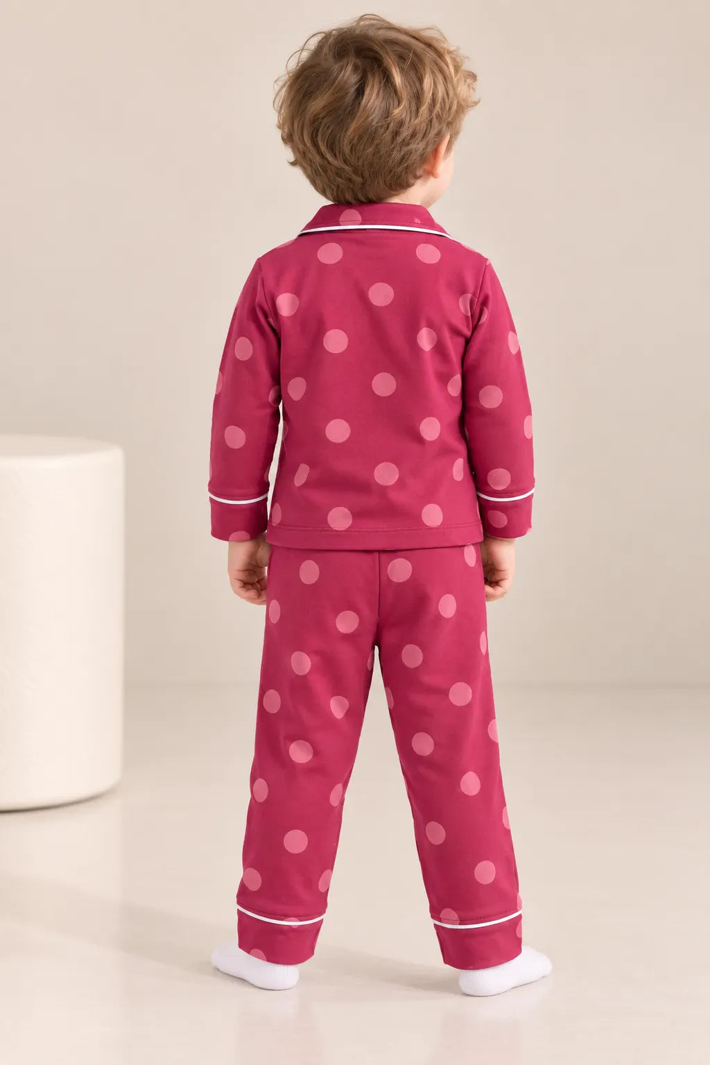Boys Maroon Polka Dot Full-Sleeve Collared Night Suit with Button-Front Shirt & Pyjama-WIN15N