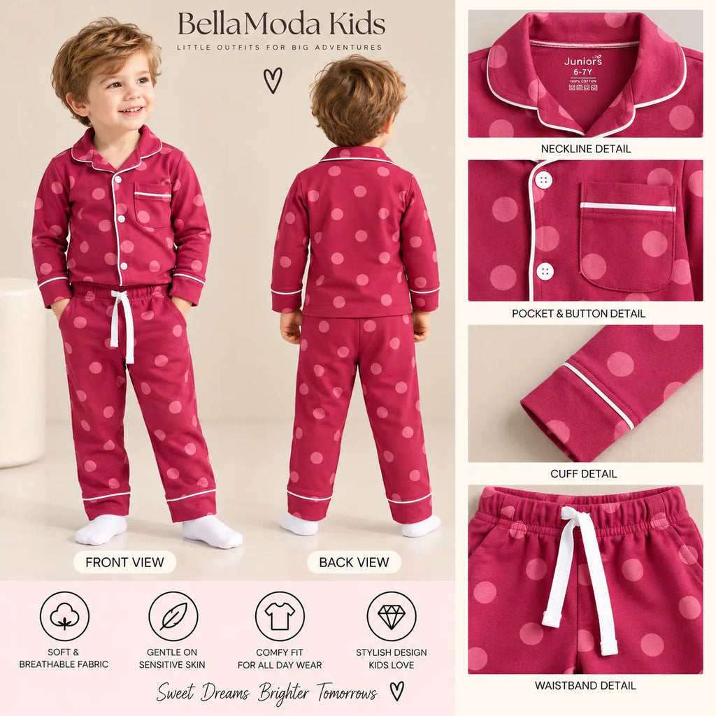 Boys Maroon Polka Dot Full-Sleeve Collared Night Suit with Button-Front Shirt & Pyjama-WIN15N