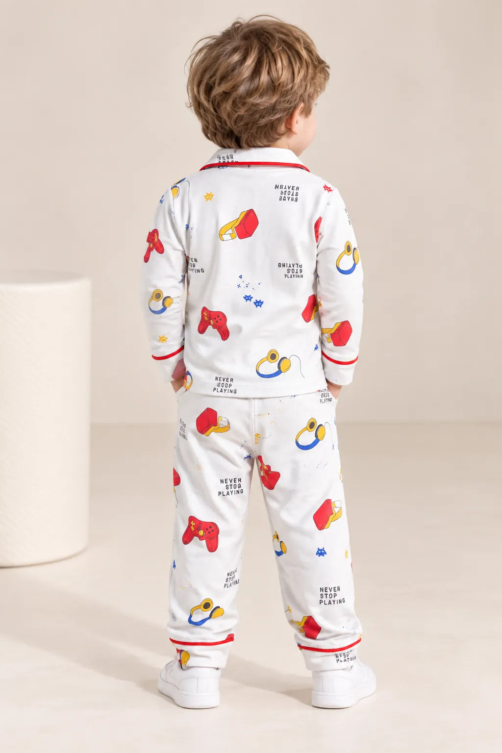 Boys White Printed Full-Sleeve Collared Night Suit with Button-Front Shirt & Pyjama-WIN16N