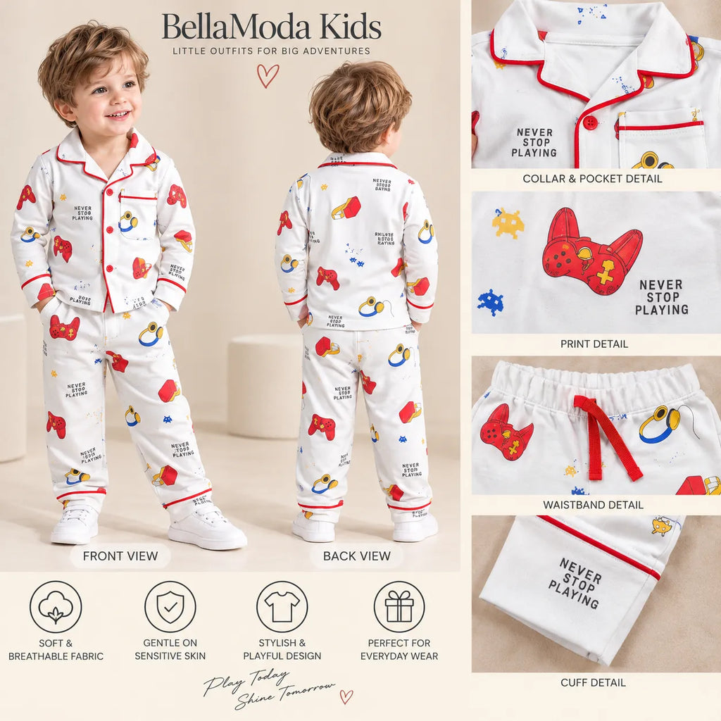 Boys White Printed Full-Sleeve Collared Night Suit with Button-Front Shirt & Pyjama-WIN16N