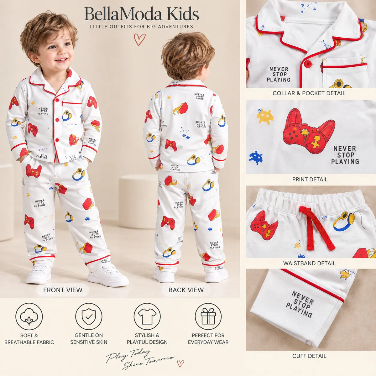 Boys White Printed Full-Sleeve Collared Night Suit with Button-Front Shirt & Pyjama-WIN16N