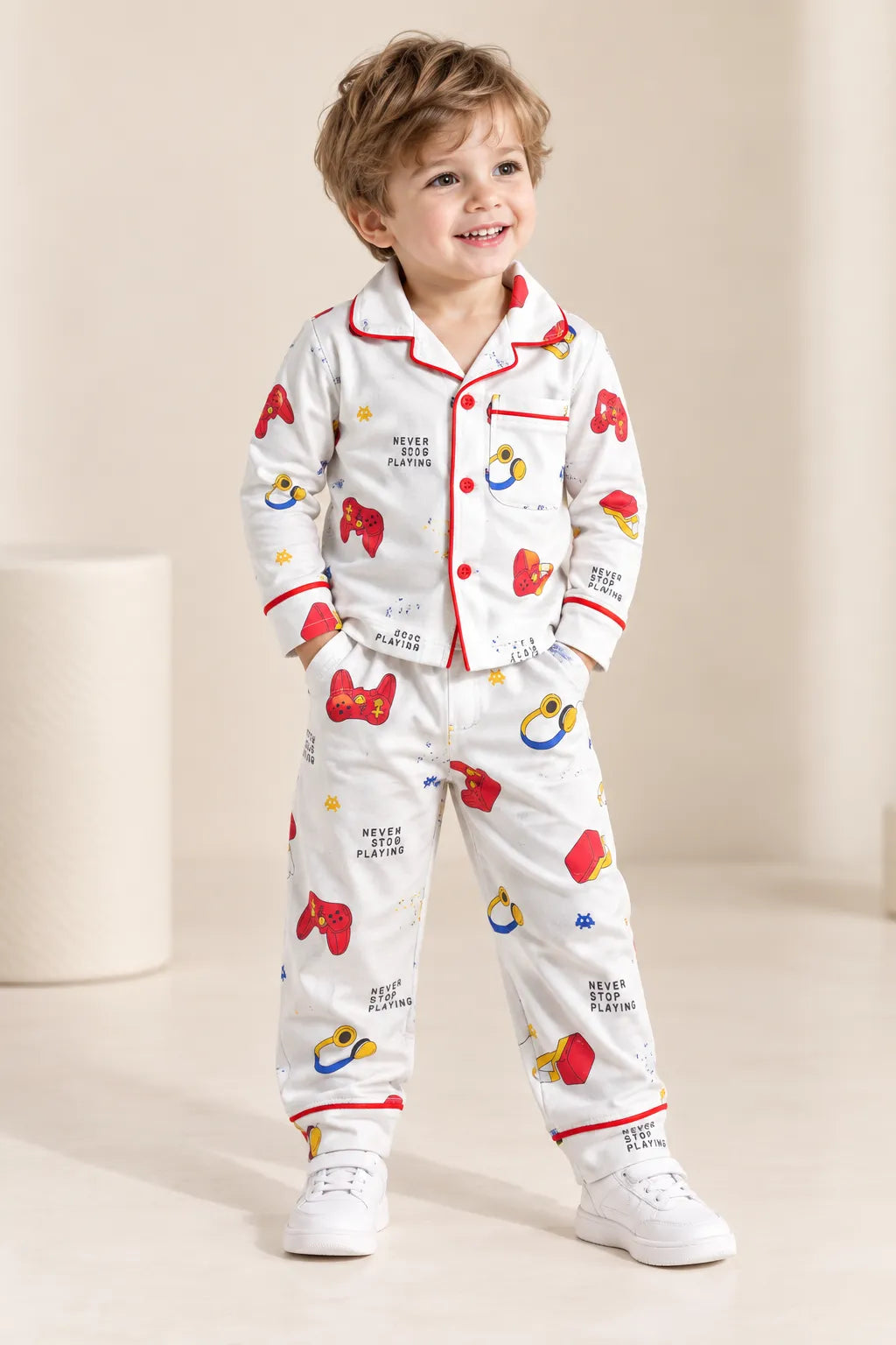 Boys White Printed Full-Sleeve Collared Night Suit with Button-Front Shirt & Pyjama-WIN16N
