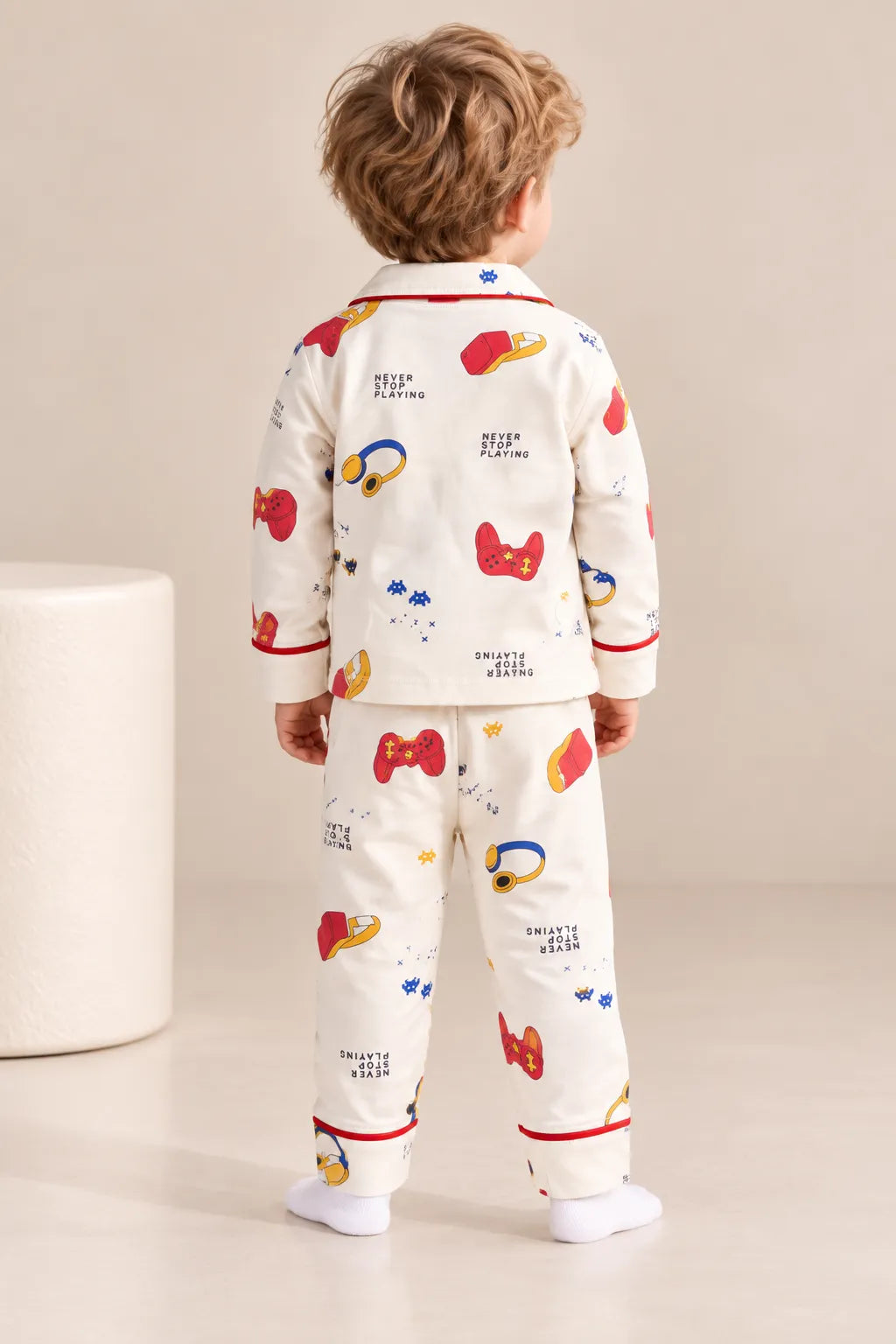 Boys Cream Printed Full-Sleeve Collared Night Suit with Button-Front Shirt & Pyjama-WIN17N
