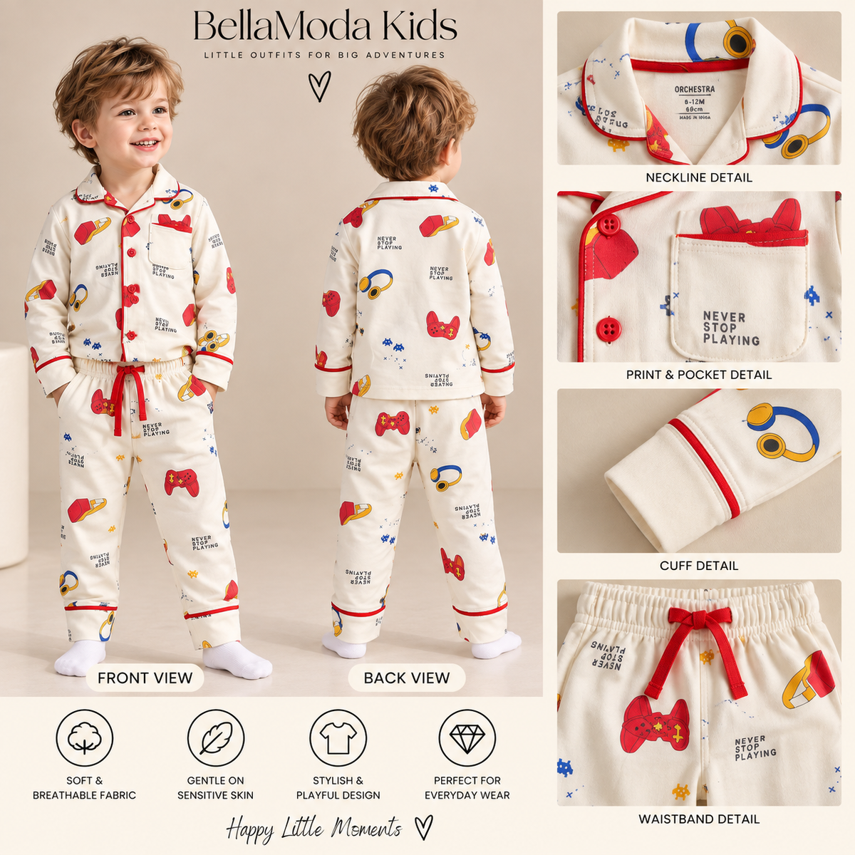 Boys Cream Printed Full-Sleeve Collared Night Suit with Button-Front Shirt & Pyjama-WIN17N