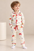 Boys Cream Printed Full-Sleeve Collared Night Suit with Button-Front Shirt & Pyjama-WIN17N