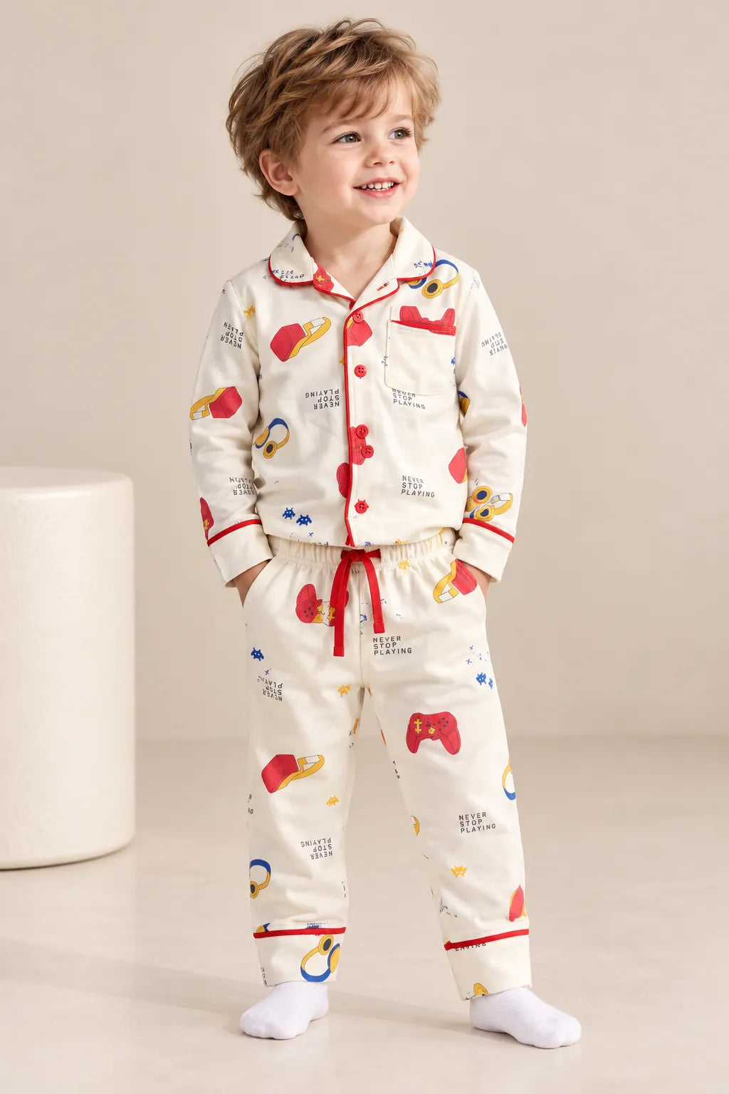 Boys Cream Printed Full-Sleeve Collared Night Suit with Button-Front Shirt & Pyjama-WIN17N