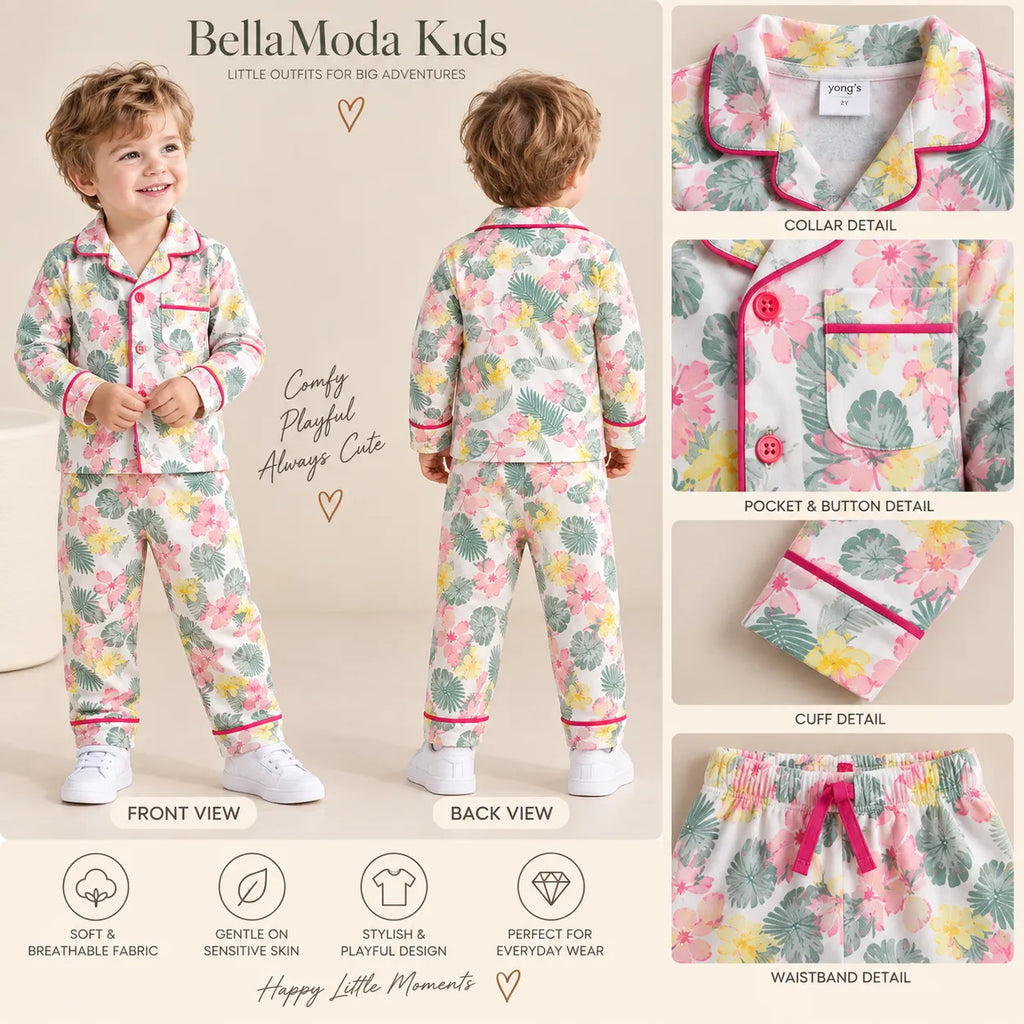 Boys Floral Printed Night Suit Set – Full Sleeve Collared Shirt with Pyjama-WIN18N