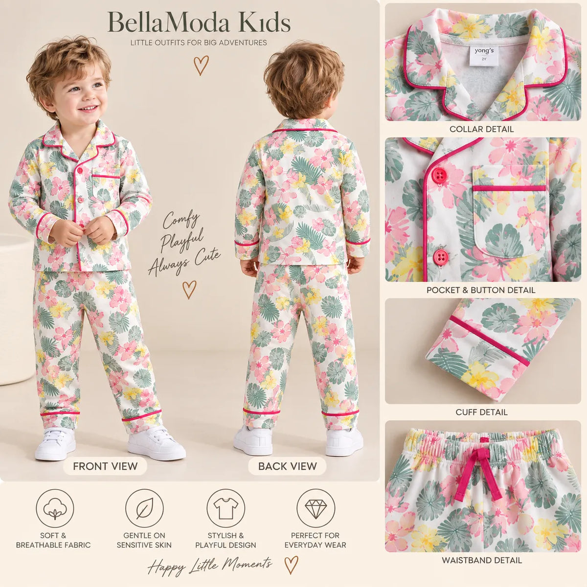 Boys Floral Printed Night Suit Set – Full Sleeve Collared Shirt with Pyjama-WIN18N