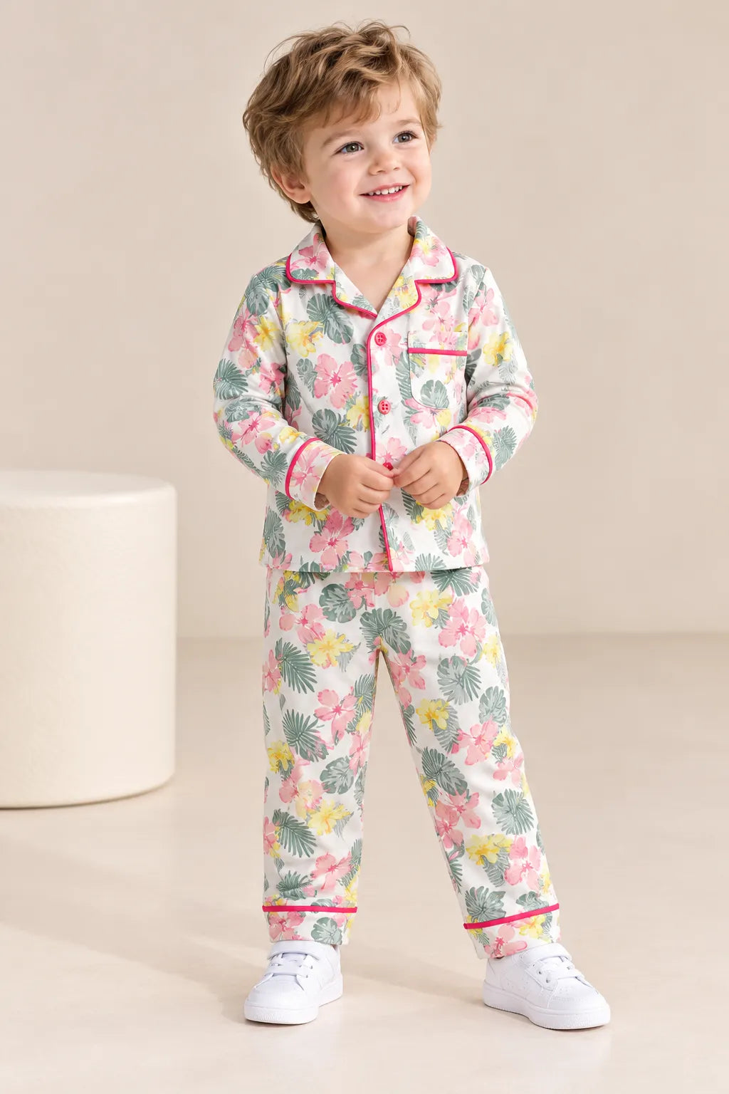 Boys Floral Printed Night Suit Set – Full Sleeve Collared Shirt with Pyjama-WIN18N