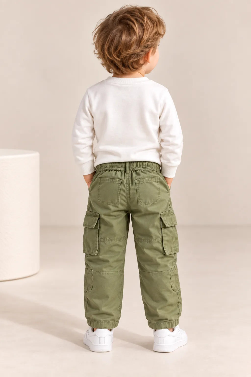 Boys Solid Olive Green Cargo Pants with Multiple Utility Pockets-WIN2V