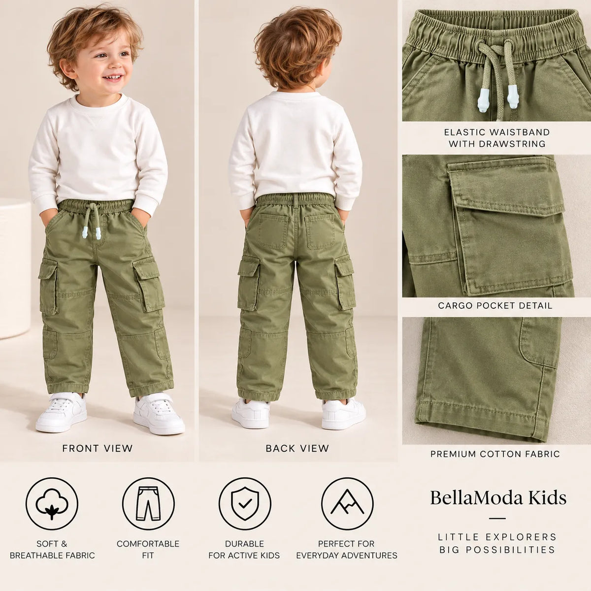 Boys Solid Olive Green Cargo Pants with Multiple Utility Pockets-WIN2V
