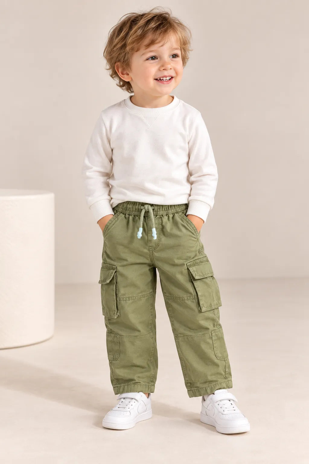 Boys Solid Olive Green Cargo Pants with Multiple Utility Pockets-WIN2V