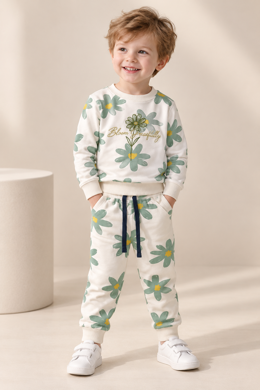 Boys Floral Print “Bloom Beautifully” Sweatshirt & Jogger Co-ord Set-WIN24N