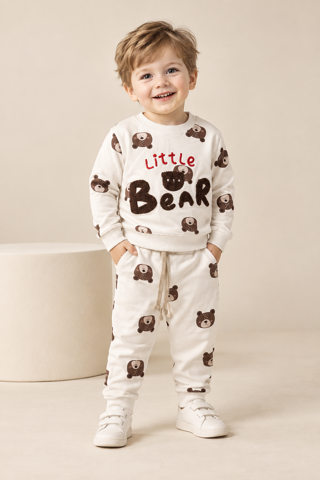 Boys Bear Print “Little Bear” Sweatshirt & Jogger Set-WIN26K