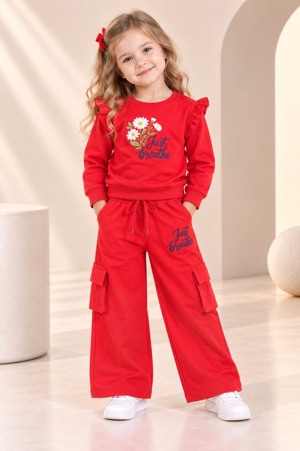 Girls Red Floral “Just Breathe” Sweatshirt & Wide-Leg Cargo Pants Set-WIN27Y
