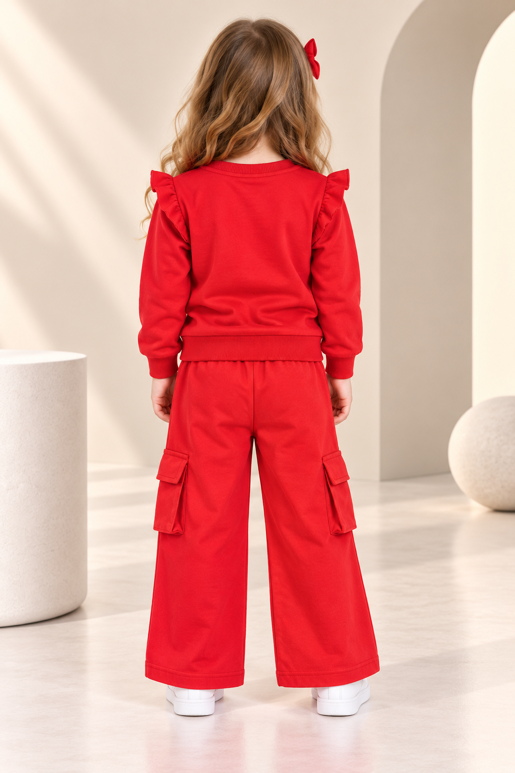 Girls Red Floral “Just Breathe” Sweatshirt & Wide-Leg Cargo Pants Set-WIN27Y
