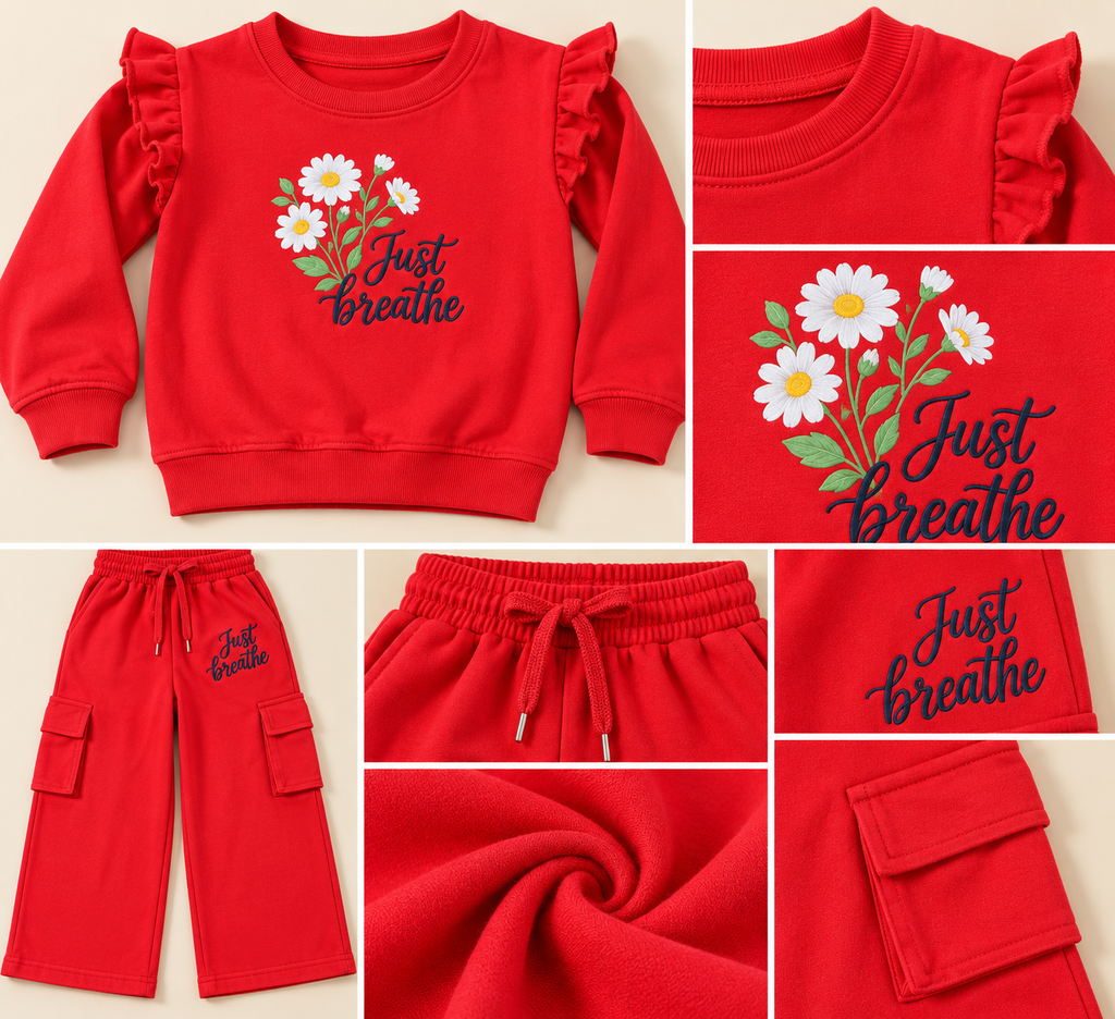 Girls Red Floral “Just Breathe” Sweatshirt & Wide-Leg Cargo Pants Set-WIN27Y