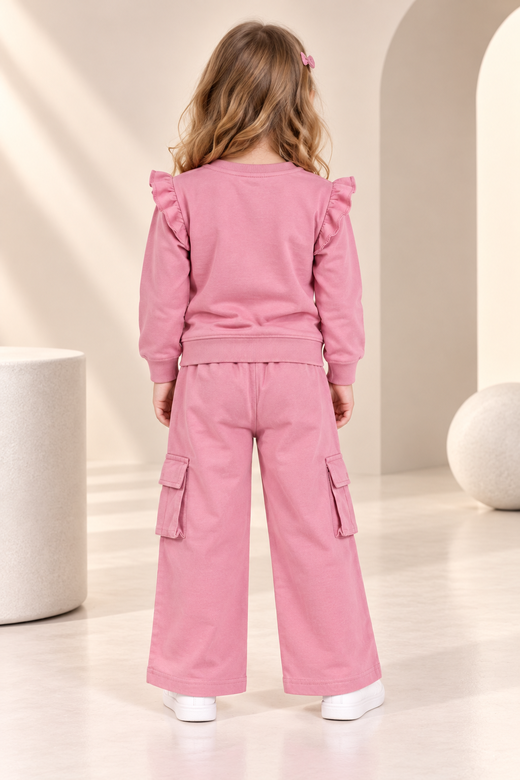 Girls Pink Ruffle Sleeve Printed Sweatshirt & Cargo Pants Set-WIN28Y