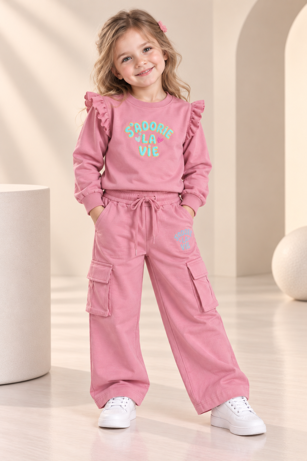 Girls Pink Ruffle Sleeve Printed Sweatshirt & Cargo Pants Set-WIN28Y