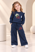 Girls Navy Blue Floral Print Ruffle Sleeve Sweatshirt & Cargo Pants Set-WIN29Y