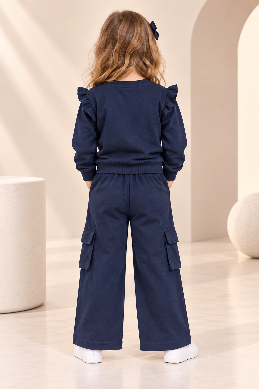 Girls Navy Blue Floral Print Ruffle Sleeve Sweatshirt & Cargo Pants Set-WIN29Y
