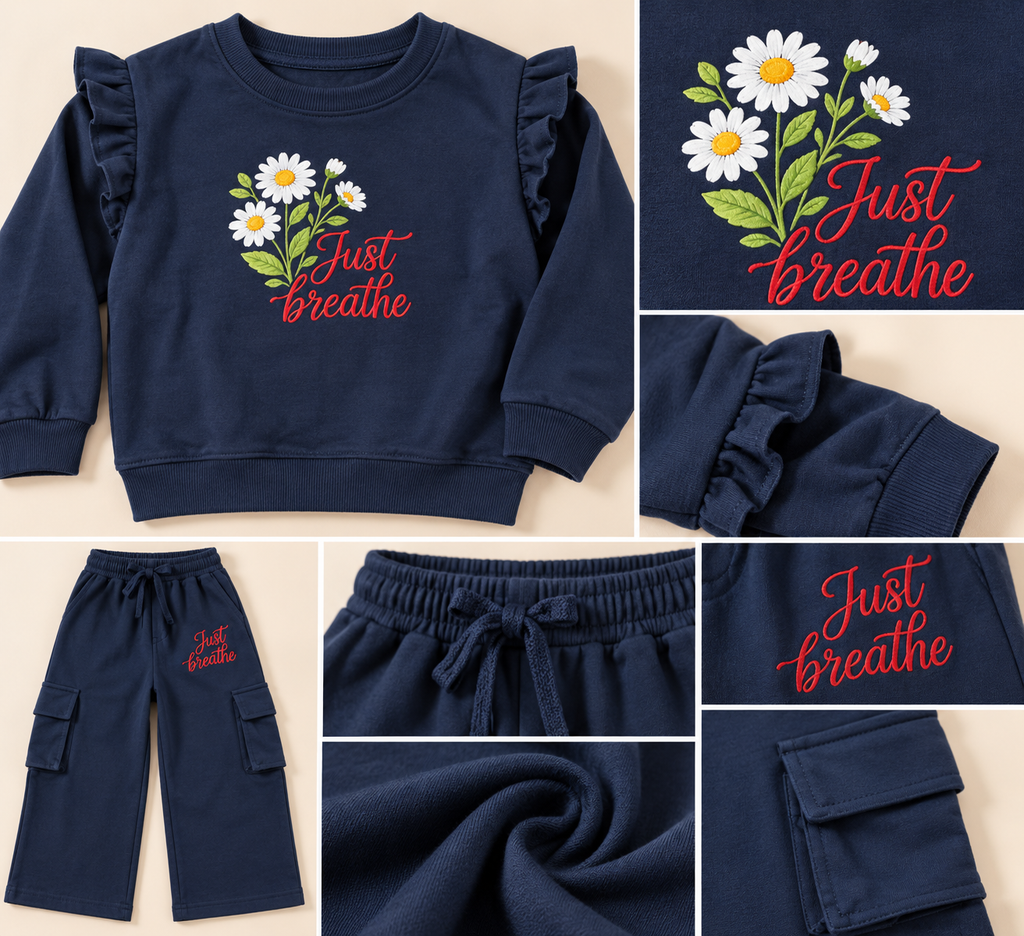 Girls Navy Blue Floral Print Ruffle Sleeve Sweatshirt & Cargo Pants Set-WIN29Y