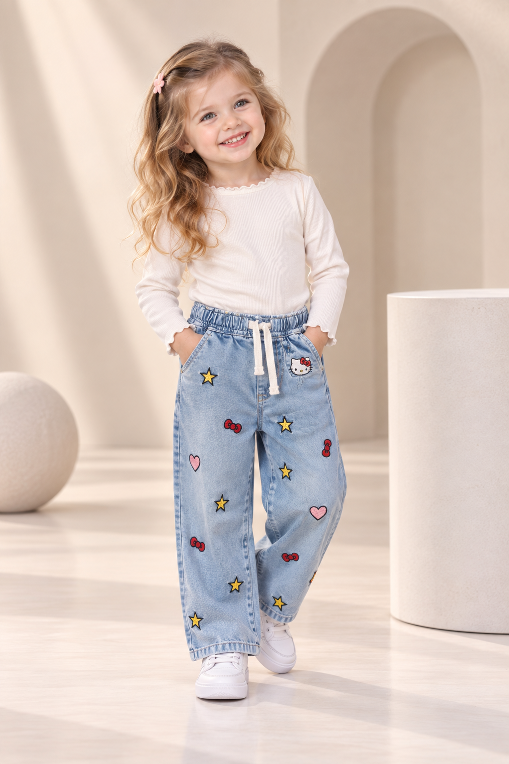 Girls Hello Kitty Printed Wide Leg Denim Jeans-WIN3V
