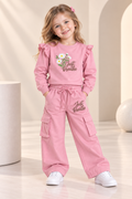 pink Floral Print Ruffle Sleeve Sweatshirt & Cargo Pants Set-WIN30Y