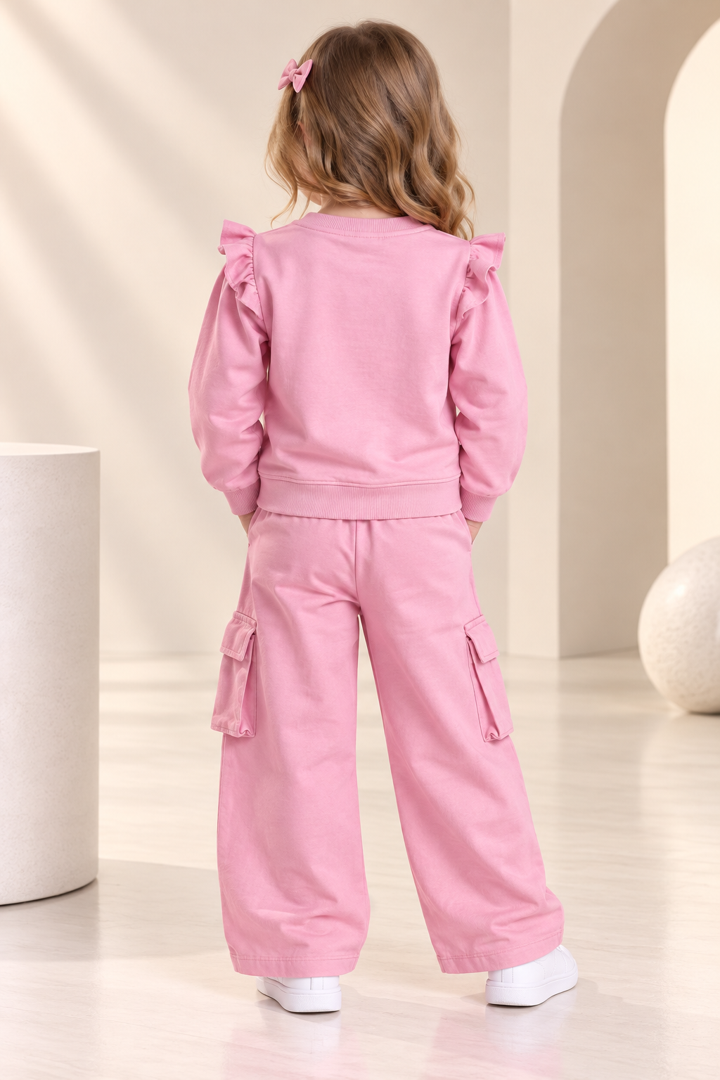 pink Floral Print Ruffle Sleeve Sweatshirt & Cargo Pants Set-WIN30Y