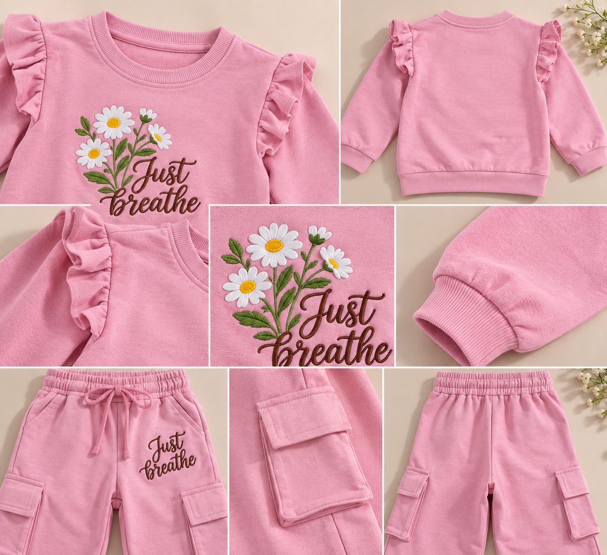 pink Floral Print Ruffle Sleeve Sweatshirt & Cargo Pants Set-WIN30Y