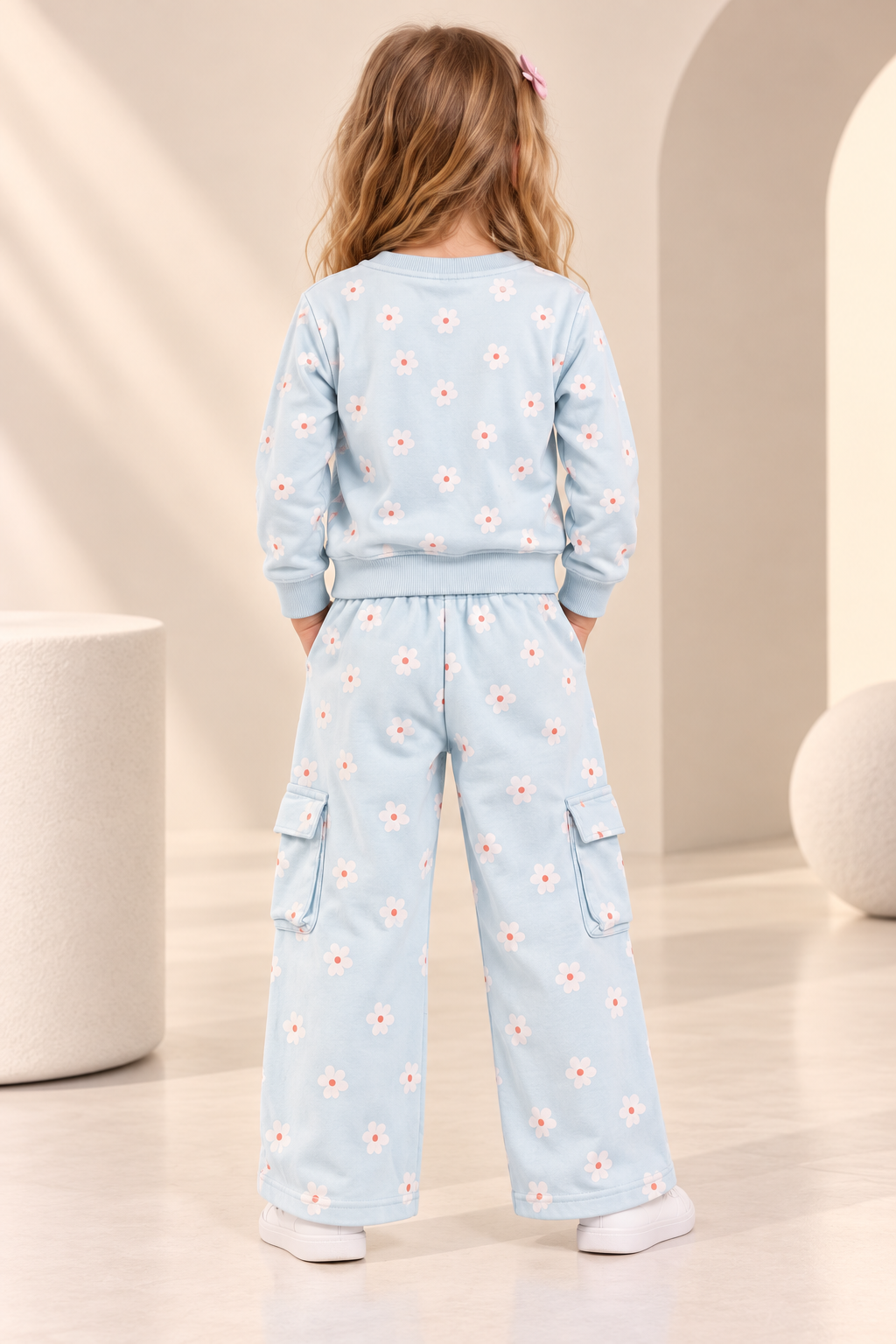 Girls Floral Printed “Hello” Sweatshirt & Wide-Leg Cargo Pants Set-WIN31V