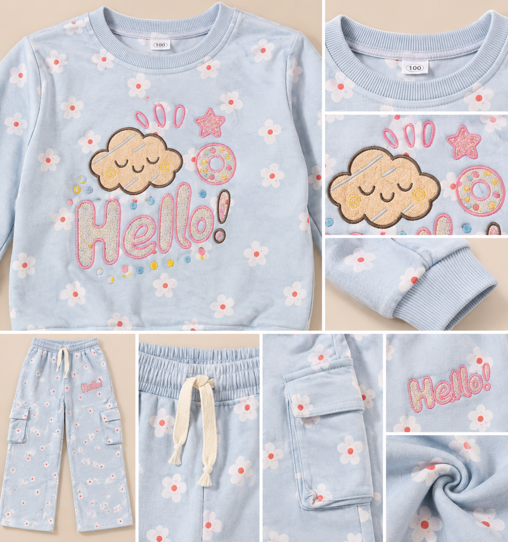 Girls Floral Printed “Hello” Sweatshirt & Wide-Leg Cargo Pants Set-WIN31V